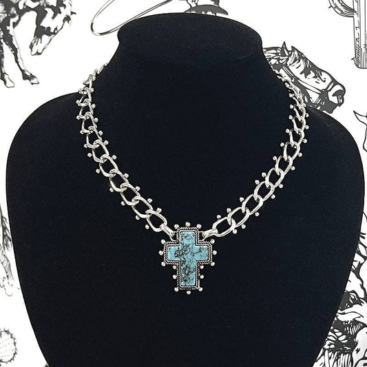 Turquoise Cross Semi Stone Pendant Necklace