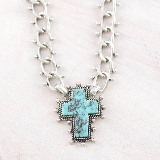 Turquoise Cross Semi Stone Pendant Necklace