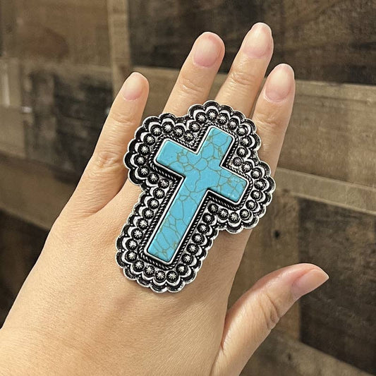 Cross Turquoise Semi Stone Statement Ring